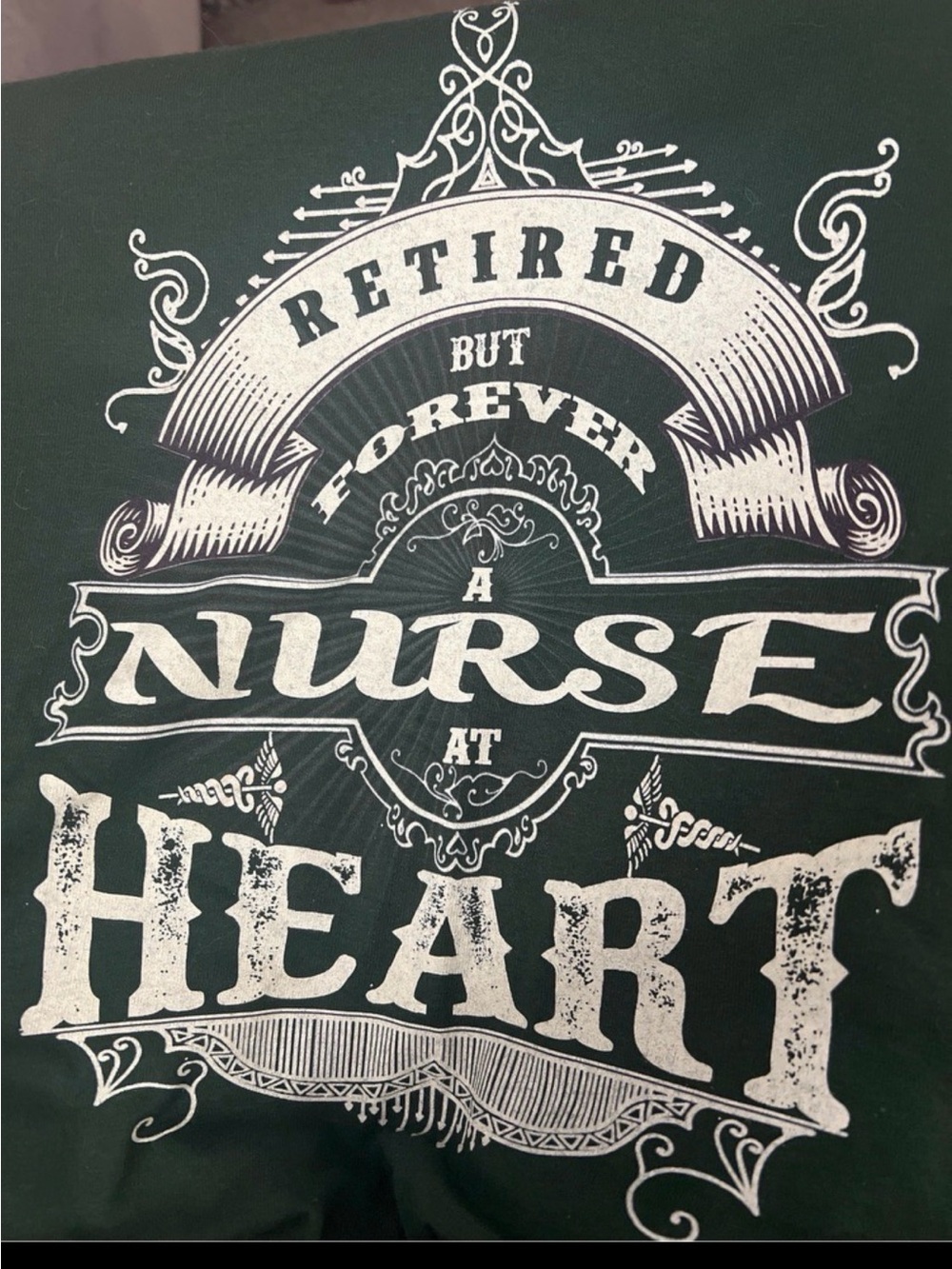 Gildan Dark Green Short Sleeve Tee with White Nurse Heart Graphic SZ L